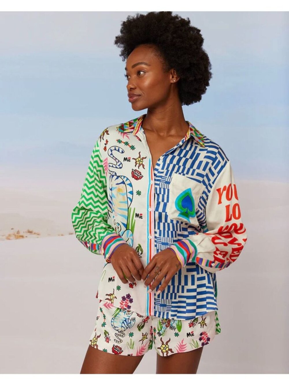 Me369 Evelyn Mixed Print "LOVE ME"  Button-Down Long Sleeve Shirt Size S